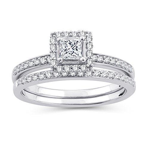 EternalDia 1/2 CT. T.W. Princess-Cut Diamond Halo Framed Bridal Set in 10K White Gold (IJ/I2-I3) (6) - EternalDia