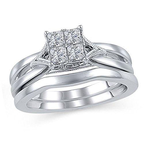 1/2 Cttw Quad Princess-Cut Diamond Vintage-Style Split Shank Bridal Set in 10K White Gold (IJ/12)