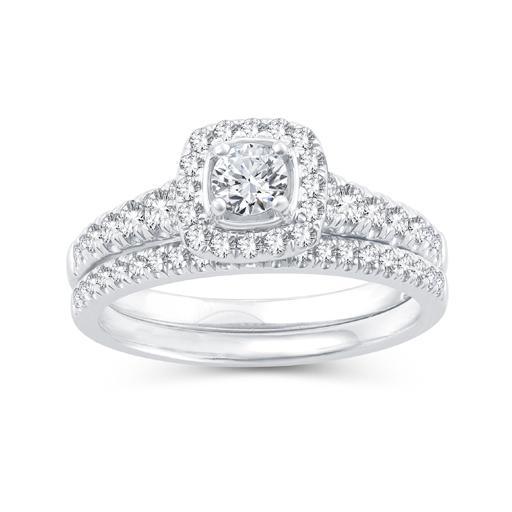 EternalDia 1.00 Ct. Wt. Cushion Frame Diamond Halo Bridal Set in 10K White Gold - EternalDia