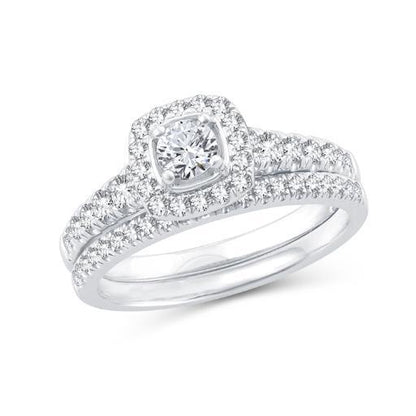 EternalDia 1.00 Ct. Wt. Cushion Frame Diamond Halo Bridal Set in 10K White Gold - EternalDia