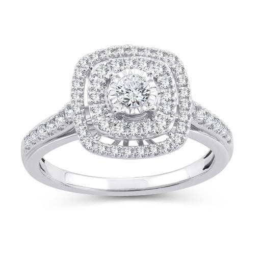 EternalDia 0.50 Ct.Wt. Round Diamond Double Halo Cushion Shape Bridal Set 10K White Gold. - EternalDia