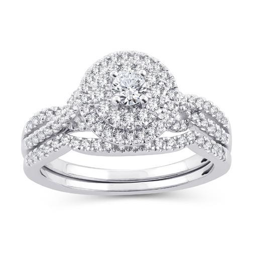 EternalDia 1/2 Cttw Diamond Double Halo Twisted-Style Bridal Set In 10kt White Gold (IJ/I2I3) - EternalDia