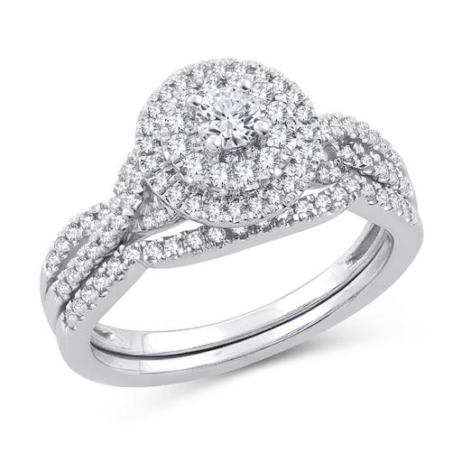 EternalDia 1/2 Cttw Diamond Double Halo Twisted-Style Bridal Set In 10kt White Gold (IJ/I2I3) - EternalDia