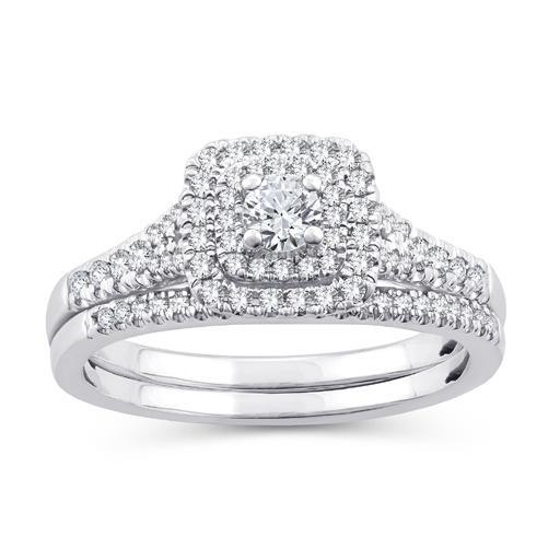 EternalDia 0.50 Ct.Wt. Round Diamond Square Shape Double Halo Bridal Set 10K White Gold. - EternalDia