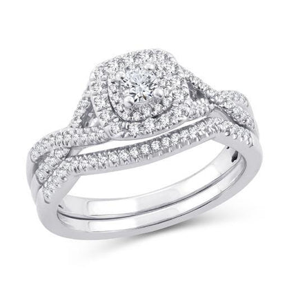 EternalDia 0.50 Ct.Wt. Round Diamond Halo Cushion Twisted Split Shank Bridal Set 10K White Gold (IJ/I2-I3) - EternalDia