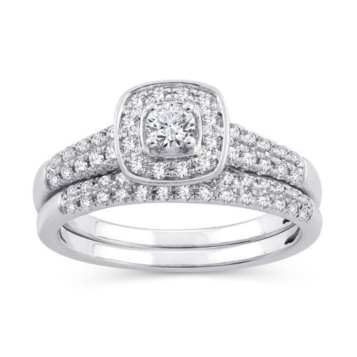 EternalDia 0.50 Ct.Wt. Round Diamond Square Frame Halo Bridal Ring Set 10K White Gold. - EternalDia