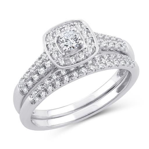 EternalDia 0.50 Ct.Wt. Round Diamond Square Frame Halo Bridal Ring Set 10K White Gold. - EternalDia