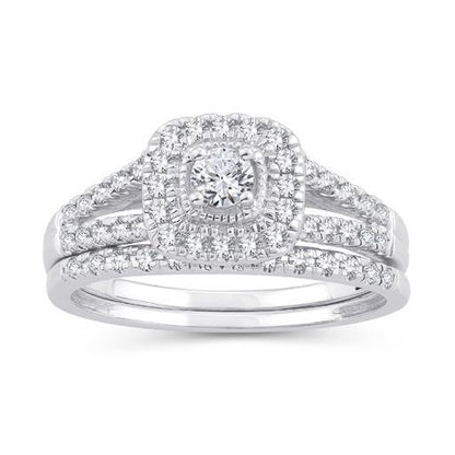 EternalDia 10K White Gold Diamond Split Shank Halo Bridal Set Ring (0.50cttw,I2-I3/IJ) - EternalDia