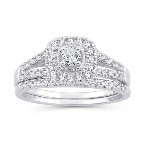 EternalDia 10K White Gold Diamond Split Shank Halo Bridal Set Ring (0.50cttw,I2-I3/IJ) - EternalDia