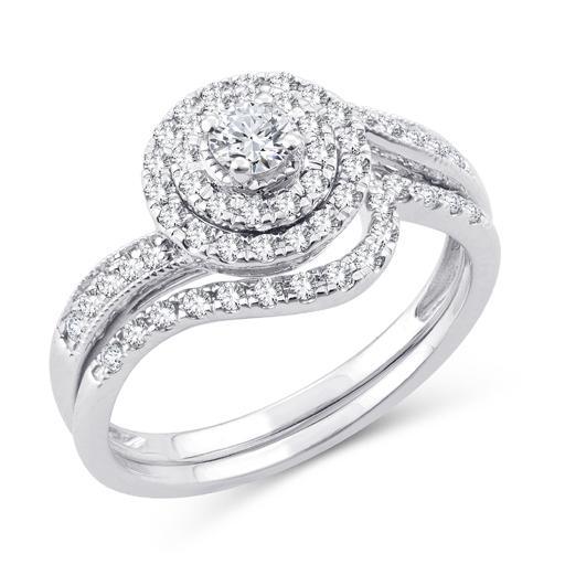 EternalDia 0.50 Ct.Wt. Round Diamond Double Halo Curved Bridal Ring Set 10K White Gold. - EternalDia