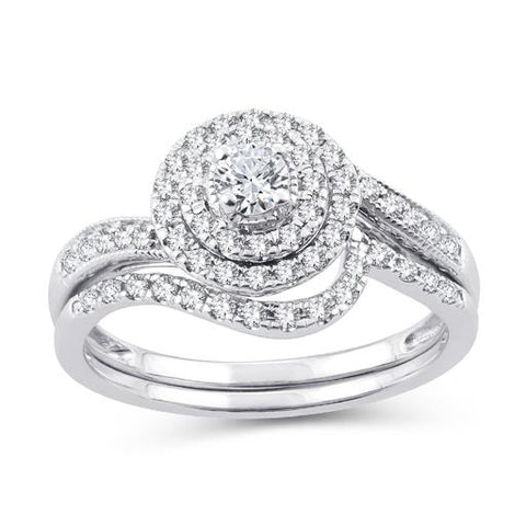 EternalDia 0.50 Ct.Wt. Round Diamond Double Halo Curved Bridal Ring Set 10K White Gold. - EternalDia