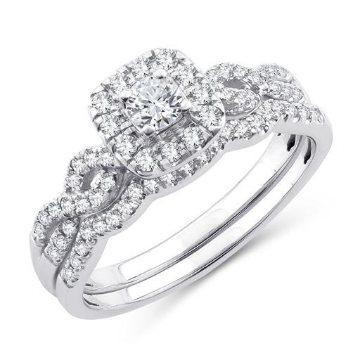 EternalDia 0.50 Ct.Wt. Round Diamond Square Shape Halo Infinity Bridal Set 10K White Gold. - EternalDia