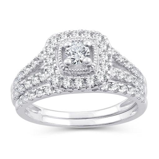 EternalDia 10K White Gold Diamond Split Shank Halo Bridal Set Ring (1 cttw,I2-I3/IJ) - EternalDia