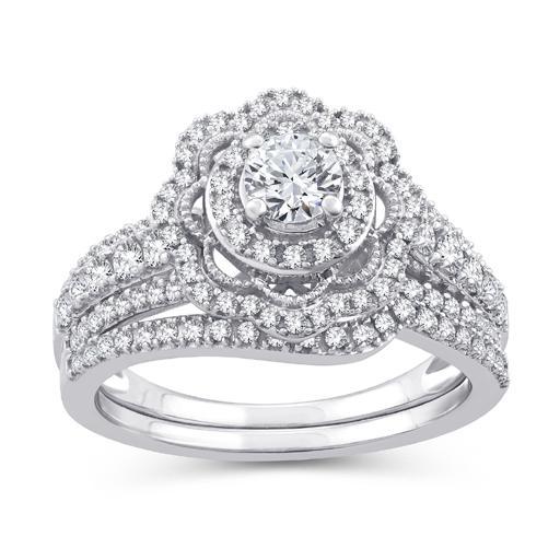 EternalDia 1 Cttw Diamond Floral  Halo Bridal Set In 10kt White Gold (IJ/I2I3) - EternalDia