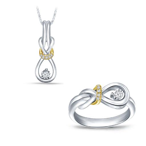 EternalDia Real Diamond Love Knot Pendant and Ring Ensemble Set in 925 Silver & 10Kt Yellow Gold Two Toned. - EternalDia