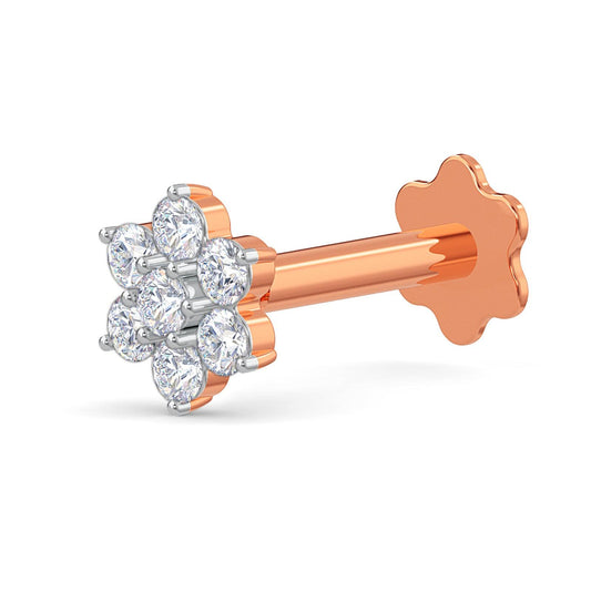 EternalDia Diamond Flower Nose Piercing Pin Screw Ring Stud 4.25mm 14k Rose Gold 18 & 19.5 Gauge (G-H Color/I1-I2Clarity)