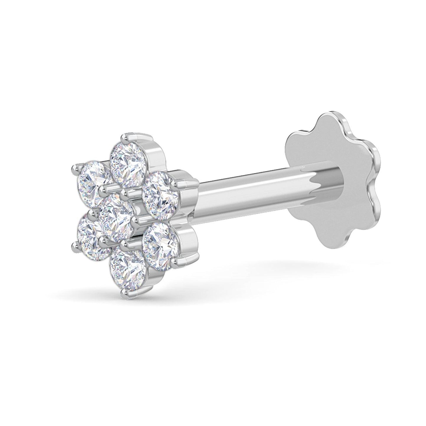 EternalDia Diamond Flower Nose Piercing Pin Screw Ring Stud 4.25mm 14k White Gold 18 & 19.5 Gauge (G H Color/ I1-I2Clarity)