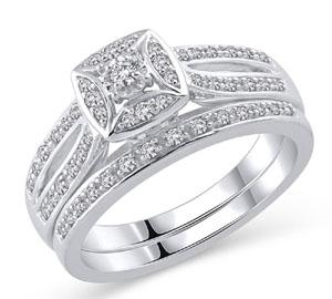 EternalDia White Finish Sterling Silver Square Frame 1/4 Ct Diamond Engagement Bridal Set - EternalDia