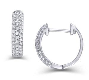 EternalDia 1/3 CT. T.W. Pave Set Three Row Diamond Hoop Huggies Earrings in 10K White Gold - EternalDia