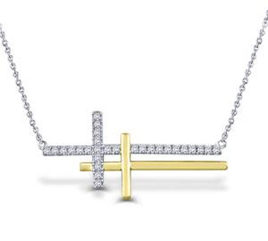 EternalDia 10K Two-Tone Solid Gold 1/5 Cttw Diamond Sideways Double Cross Pendant Necklace - EternalDia