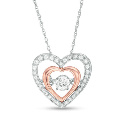 1/4 Cttw Round Real Diamond Double Heart Love Charm Pendant Chain 10K Two-Tone Gold (0.25 Cttw, J-I3) Dancing Diamond Pendant