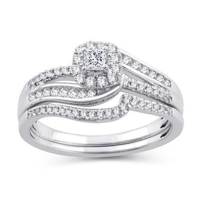 EternalDia 1/2 CT. T.W. Princess-Cut Diamond Bypass Halo Bridal Set 10K White Gold (IJ/I2-I3) - EternalDia