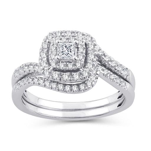 EternalDia Princess Cut 1/2 Cttw Diamond Cushion Frame Halo Curved Bridal Set In 10kt White Gold (IJ/I2I3) - EternalDia