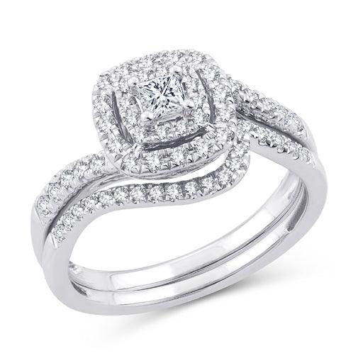 EternalDia Princess Cut 1/2 Cttw Diamond Cushion Frame Halo Curved Bridal Set In 10kt White Gold (IJ/I2I3) - EternalDia