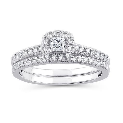 EternalDia 1/2 CT. T.W. Princess-Cut Diamond Halo Framed Bridal Set in 10K White Gold (IJ/I2-I3) - EternalDia