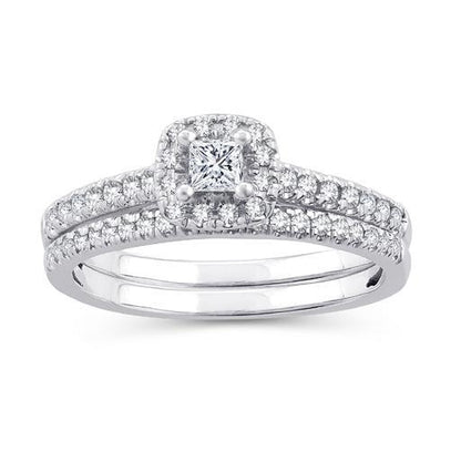 EternalDia 1/2 CT. T.W. Princess-Cut Diamond Halo Framed Bridal Set in 10K White Gold (IJ/I2-I3) - EternalDia
