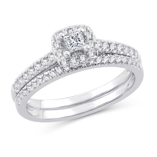 EternalDia 1/2 CT. T.W. Princess-Cut Diamond Halo Framed Bridal Set in 10K White Gold (IJ/I2-I3) - EternalDia