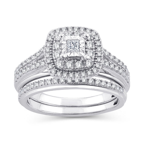 EternalDia 10K White Gold Princess Cut Diamond Halo Bridal Set Ring (0.50cttw,I2-I3/IJ) - EternalDia