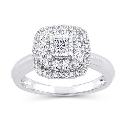 EternalDia 1/2 Ct Diamond Cushion Frame Double Halo Ring In 10kt White Gold (IJ/I2I3) - EternalDia