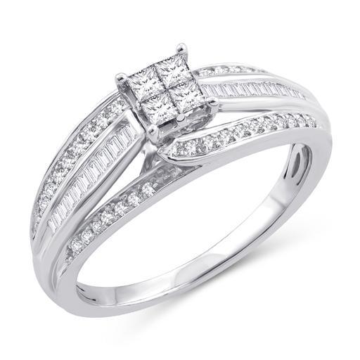 EternalDia 1/2 Cttw Princess & Bagutte Shape Three Row Diamond Engagement Rings In 10kt White Gold (IJ/I2I3) - EternalDia