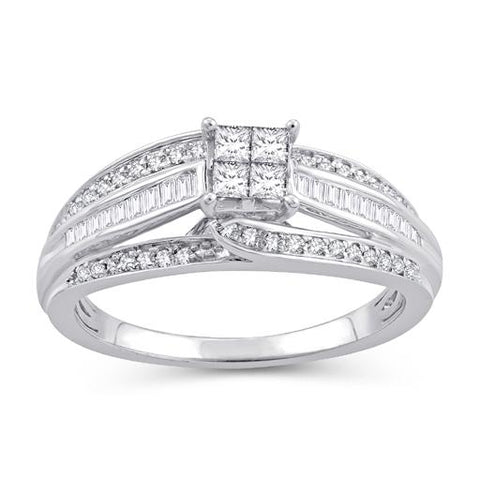 EternalDia 1/2 Cttw Princess & Bagutte Shape Three Row Diamond Engagement Rings In 10kt White Gold (IJ/I2I3) - EternalDia