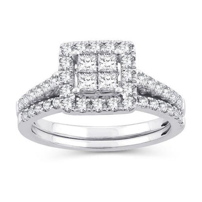 EternalDia 1 Cttw Diamond Princess-Cut Square Frame Halo Bridal Set In 10kt White Gold (IJ/I2I3) - EternalDia