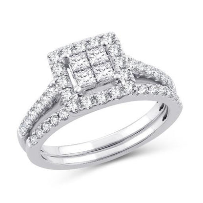 EternalDia 1 Cttw Diamond Princess-Cut Square Frame Halo Bridal Set In 10kt White Gold (IJ/I2I3) - EternalDia