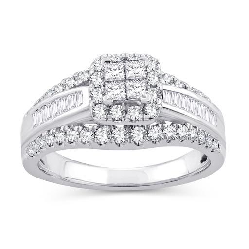 EternalDia 1 Cttw Princess & Bagutte Shape Three Row Diamond Engagement Ring In 10kt White Gold (IJ/I2I3) - EternalDia