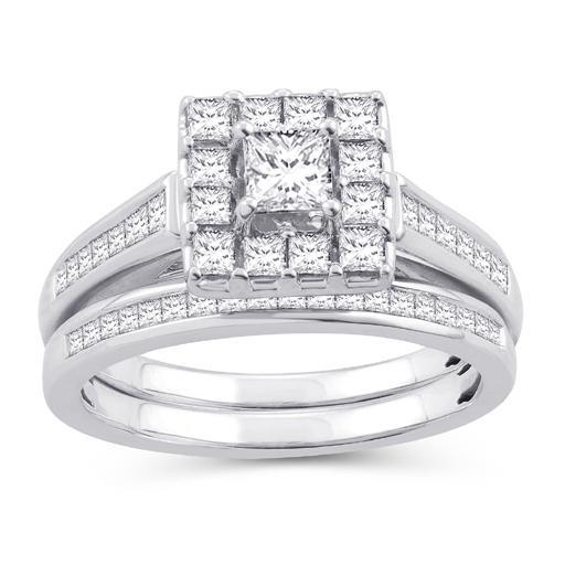 EternalDia 1.5 Cttw Princess Cut Diamond Sqaure Frame Halo Bridal Set In 10kt White Gold (IJ/I2I3) - EternalDia