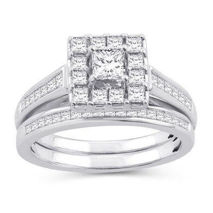 EternalDia 1.5 Cttw Princess Cut Diamond Sqaure Frame Halo Bridal Set In 10kt White Gold (IJ/I2I3) - EternalDia