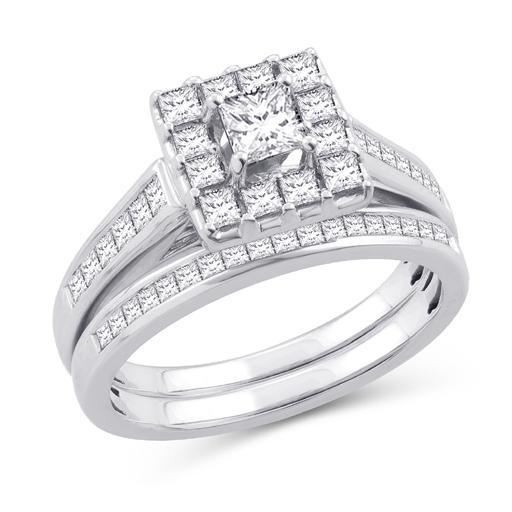 EternalDia 1.5 Cttw Princess Cut Diamond Sqaure Frame Halo Bridal Set In 10kt White Gold (IJ/I2I3) - EternalDia