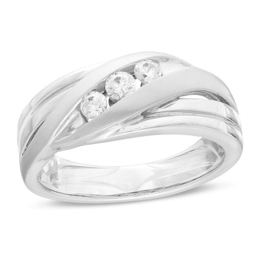 1/3 Cttw Diamond Three Stone Bypass Wedding Band Ring For Men In 10K White Gold (0.33 Cttw, I-I3) Diamond Wedding Band Ring