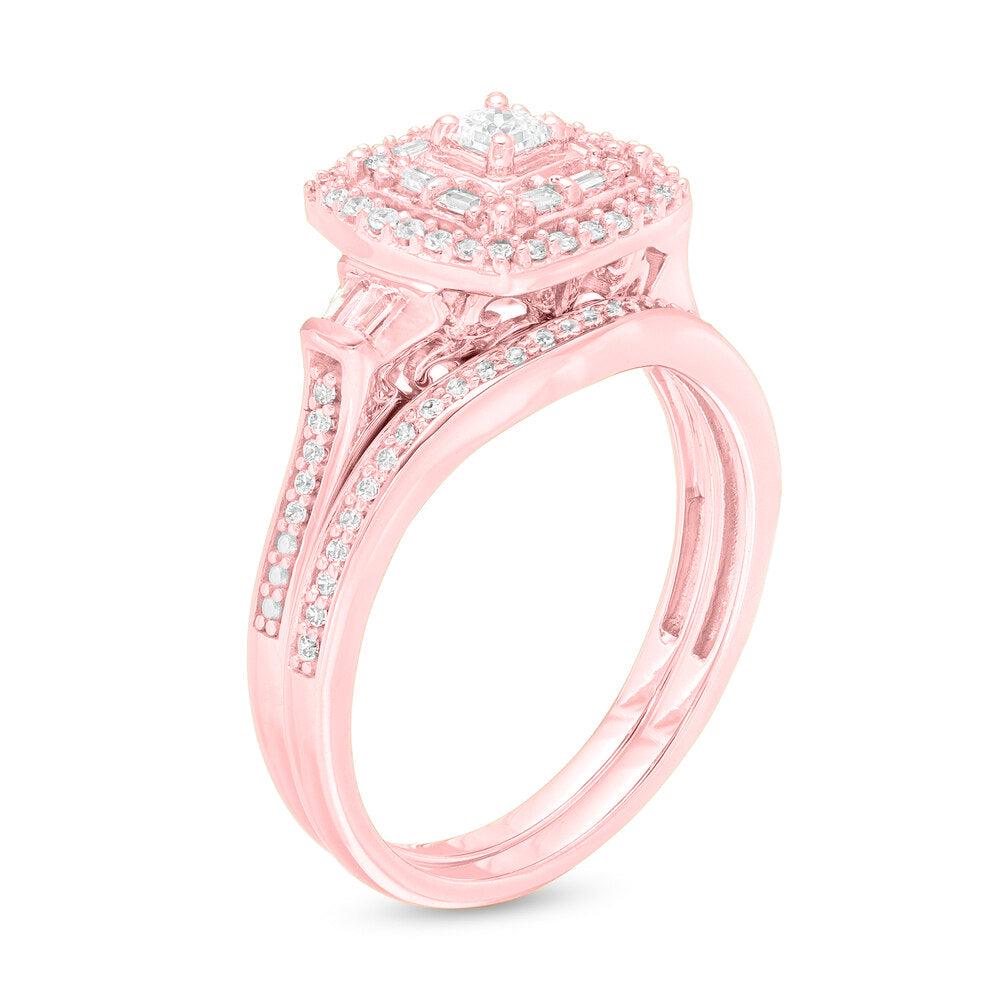 1/2 Cttw Princess-Cut Diamond Double Frame Bridal Set in 10K Rose Gold (0.50 Cttw, I-I2) Diamond Halo Ring Set