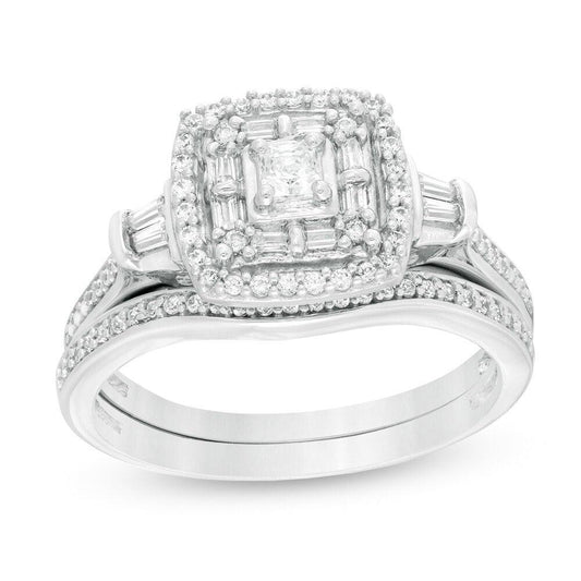 1/2 Cttw Princess-Cut Diamond Double Frame Bridal Set in 10K White Gold (0.50 Cttw, I-I2) Diamond Halo Ring Set