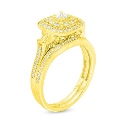 1/2 Cttw Princess-Cut Diamond Double Frame Bridal Set in 10K Yellow Gold (0.50 Cttw, I-I2) Diamond Halo Ring Set