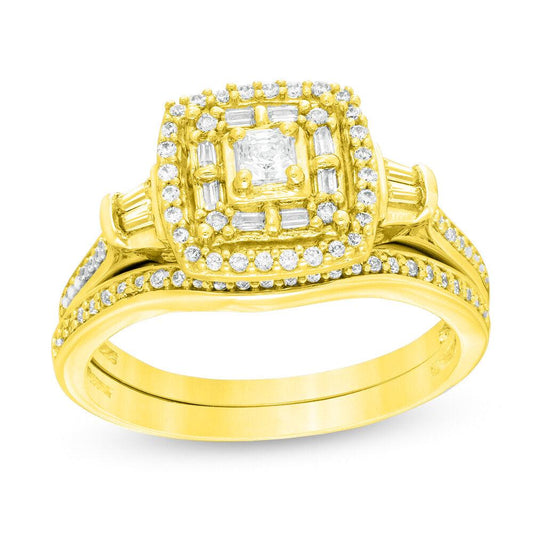 1/2 Cttw Princess-Cut Diamond Double Frame Bridal Set in 10K Yellow Gold (0.50 Cttw, I-I2) Diamond Halo Ring Set