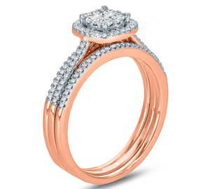 EternalDia 1/2 CTTW Round Diamond Cushion Shaped Halo Composite Diamond Bridal Ring Set 10kt Rose Gold (IJ/I2) - EternalDia