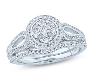 EternalDia 1/2 Ct Round & Baguette Diamond Composite Cluster Engagement Wedding Set In 10Kt White Gold (IJ/I2) - EternalDia