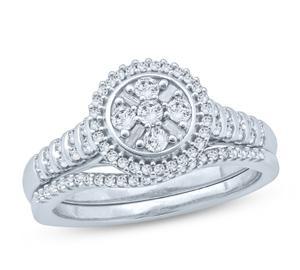 EternalDia 1/2 Ct Round & Baguette Diamond Cluster Halo Engagement Wedding Set In 10Kt White Gold. - EternalDia