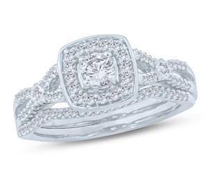 EternalDia 1/2 Ct Round Diamond Cushion Shaped Halo Engagement Wedding Set In 10K White Gold (IJ/I2) - EternalDia